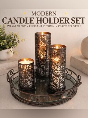 Modern Metal 3 Piece Candle Holder Set w/ Glass Tray - Bronze